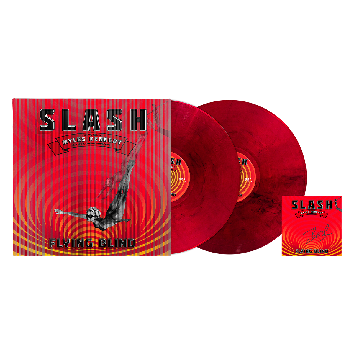 The latest album from Slash, 'Flying Blind', in vinyl format with a signed insert. The cover shows a figure diving against a circular orange, yellow, and red pattern.