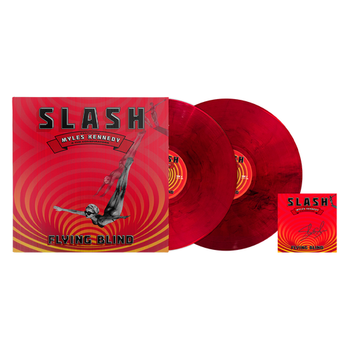 The latest album from Slash, 'Flying Blind', in vinyl format with a signed insert. The cover shows a figure diving against a circular orange, yellow, and red pattern.